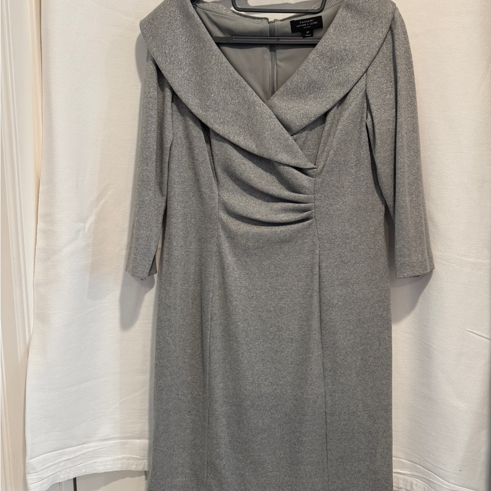 Tahari ASL Silver-Draped or off shoulder Collar Dress -6P